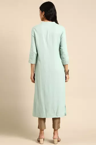 women's calf length mandarin collar sea green solid straight kurta