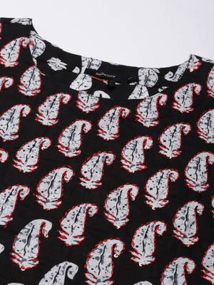 women's calf length round neck black ethnic motifs straight kurta 3