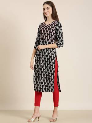 women's calf length round neck black ethnic motifs straight kurta 4