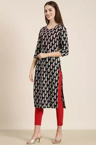women's calf length round neck black ethnic motifs straight kurta