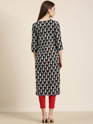 women's calf length round neck black ethnic motifs straight kurta 5