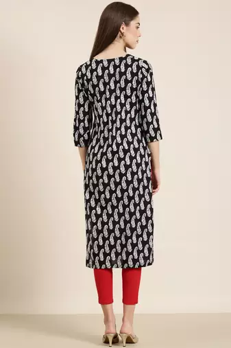 women's calf length round neck black ethnic motifs straight kurta