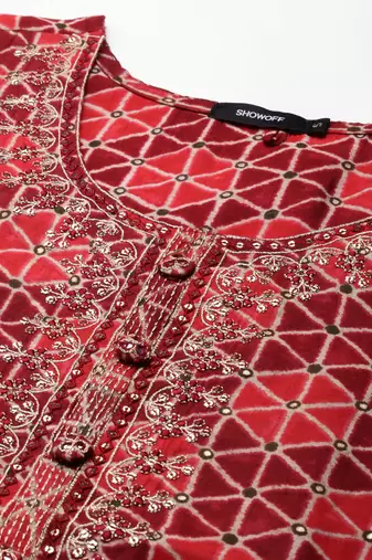 women's calf length scoop neck maroon geometric straight kurta