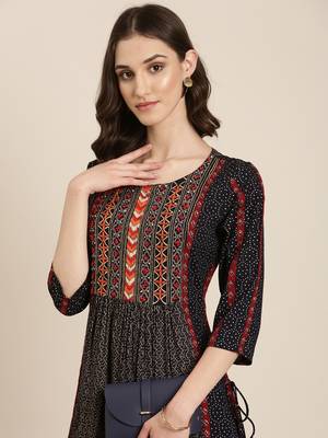 women's calf length round neck navy blue geometric a-line kurta 1