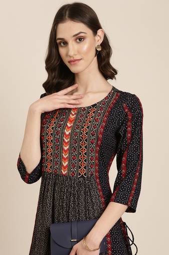 women's calf length round neck navy blue geometric a-line kurta
