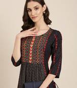 women's calf length round neck navy blue geometric a-line kurta