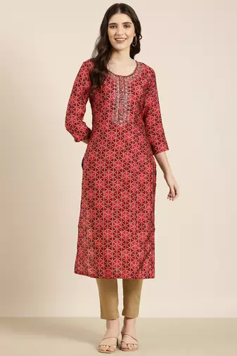 Showoff women's knee length round neck burgundy geometric straight kurta