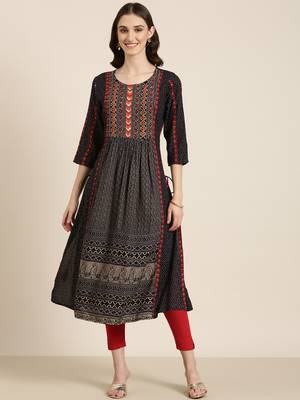 women's calf length round neck navy blue geometric a-line kurta 2
