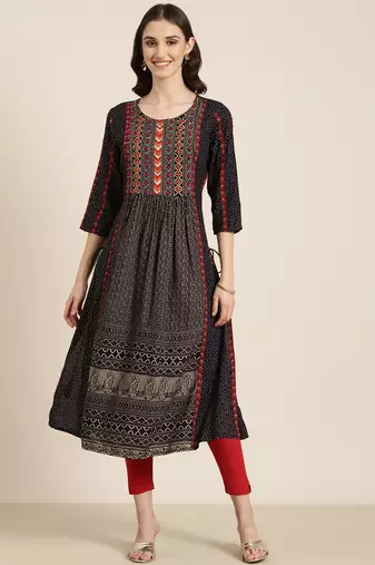 women's calf length round neck navy blue geometric a-line kurta
