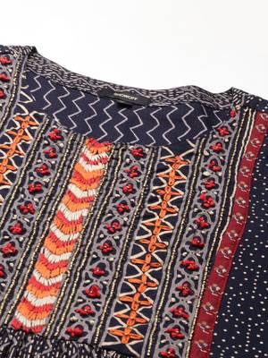 women's calf length round neck navy blue geometric a-line kurta 3