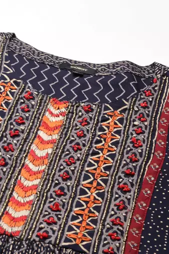 women's calf length round neck navy blue geometric a-line kurta