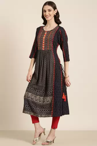 women's calf length round neck navy blue geometric a-line kurta