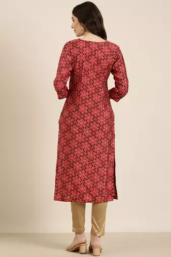 Showoff women's knee length round neck burgundy geometric straight kurta