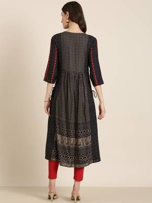 women's calf length round neck navy blue geometric a-line kurta 5