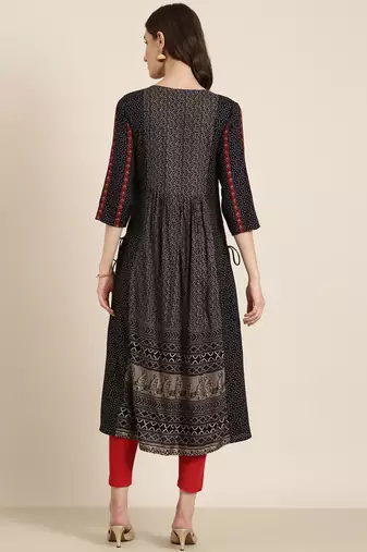 women's calf length round neck navy blue geometric a-line kurta