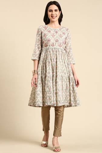 Showoff women's knee length scoop neck cream floral anarkali kurta