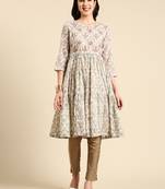 Showoff women's knee length scoop neck cream floral anarkali kurta