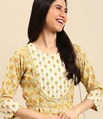 women's ankle length round neck cream floral anarkali kurta