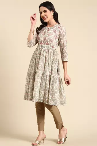 Showoff women's knee length scoop neck cream floral anarkali kurta