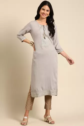 women's calf length round neck grey solid straight kurta