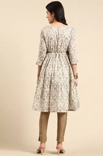 Showoff women's knee length scoop neck cream floral anarkali kurta