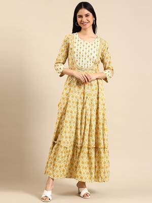 women's ankle length round neck cream floral anarkali kurta 4