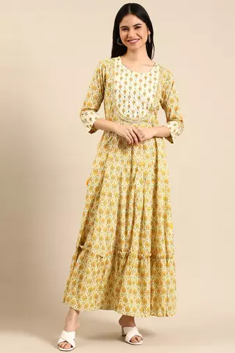 women's ankle length round neck cream floral anarkali kurta