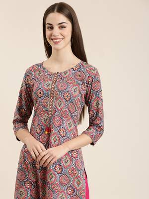 women's calf length round neck multi ethnic motifs straight kurta 1