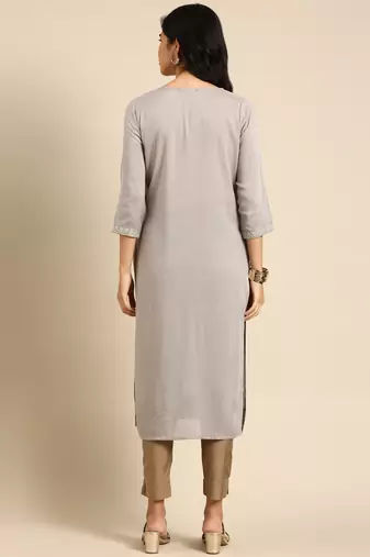 women's calf length round neck grey solid straight kurta