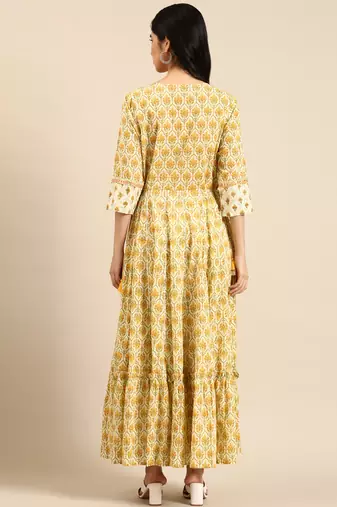 women's ankle length round neck cream floral anarkali kurta