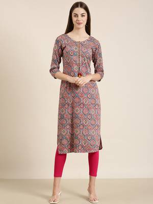 women's calf length round neck multi ethnic motifs straight kurta 2