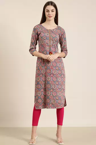 women's calf length round neck multi ethnic motifs straight kurta