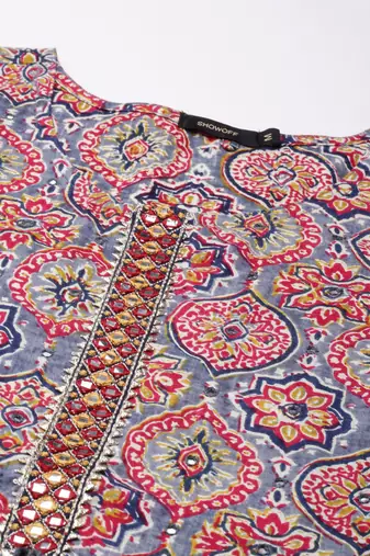 women's calf length round neck multi ethnic motifs straight kurta