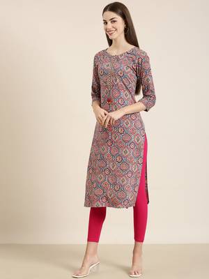 women's calf length round neck multi ethnic motifs straight kurta 4