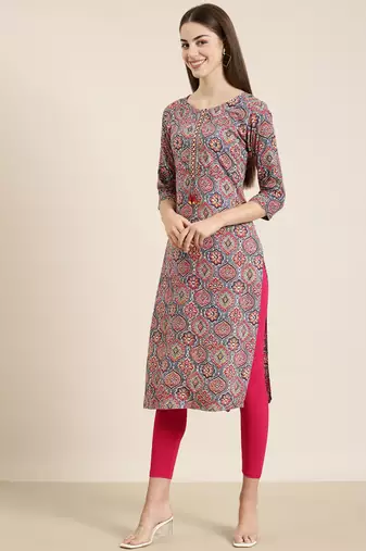 women's calf length round neck multi ethnic motifs straight kurta