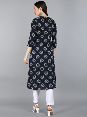 women navy blue cotton ethnic motifs printed a-line kurta 4
