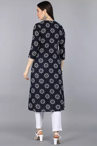 women navy blue cotton ethnic motifs printed a-line kurta