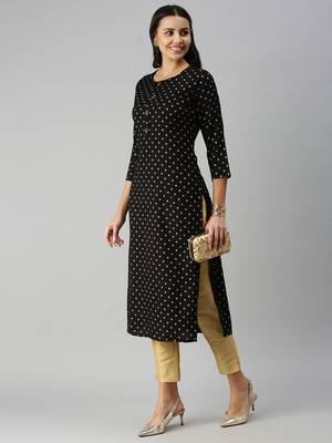 Showoff women's calf length round neck black floral straight kurta 1