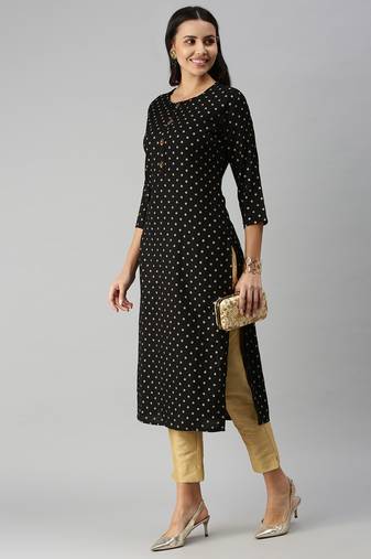 Showoff women's calf length round neck black floral straight kurta