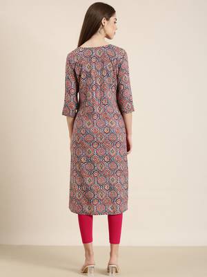women's calf length round neck multi ethnic motifs straight kurta 5