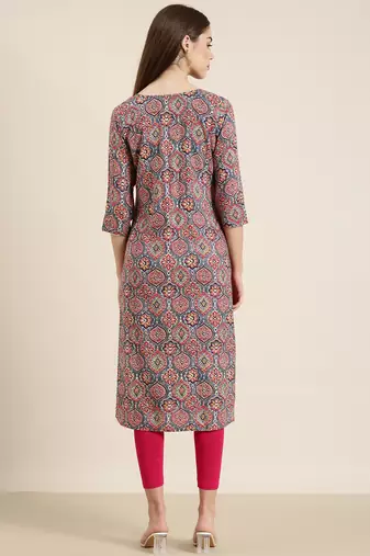 women's calf length round neck multi ethnic motifs straight kurta