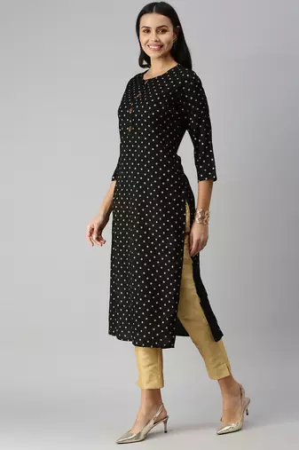 Showoff women's calf length round neck black floral straight kurta