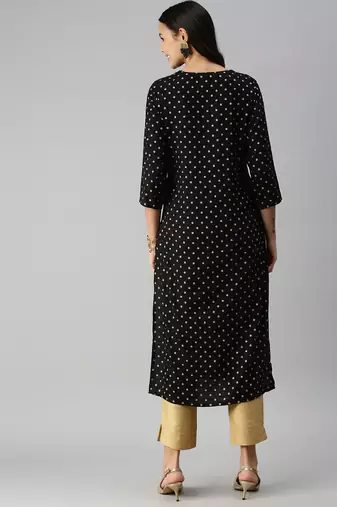 Showoff women's calf length round neck black floral straight kurta