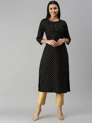 Showoff women's calf length round neck black floral straight kurta 4