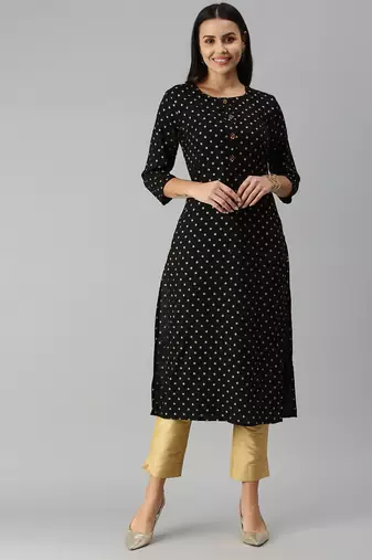Showoff women's calf length round neck black floral straight kurta