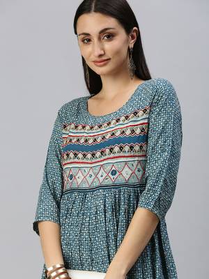 women's ankle length round neck blue ethnic motifs anarkali kurta 1