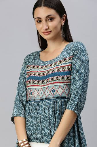 women's ankle length round neck blue ethnic motifs anarkali kurta