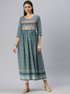 women's ankle length round neck blue ethnic motifs anarkali kurta 2