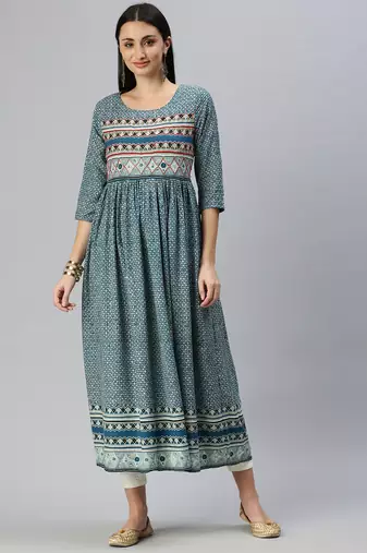 women's ankle length round neck blue ethnic motifs anarkali kurta