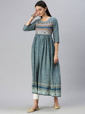 women's ankle length round neck blue ethnic motifs anarkali kurta 3